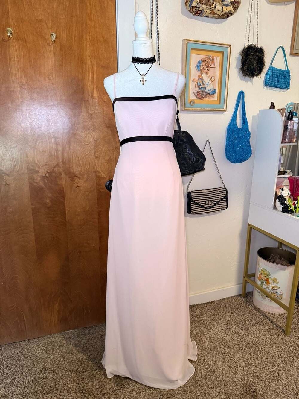 Bella Formals by Venus Pink Sleeveless Evening Gown with Black Trim